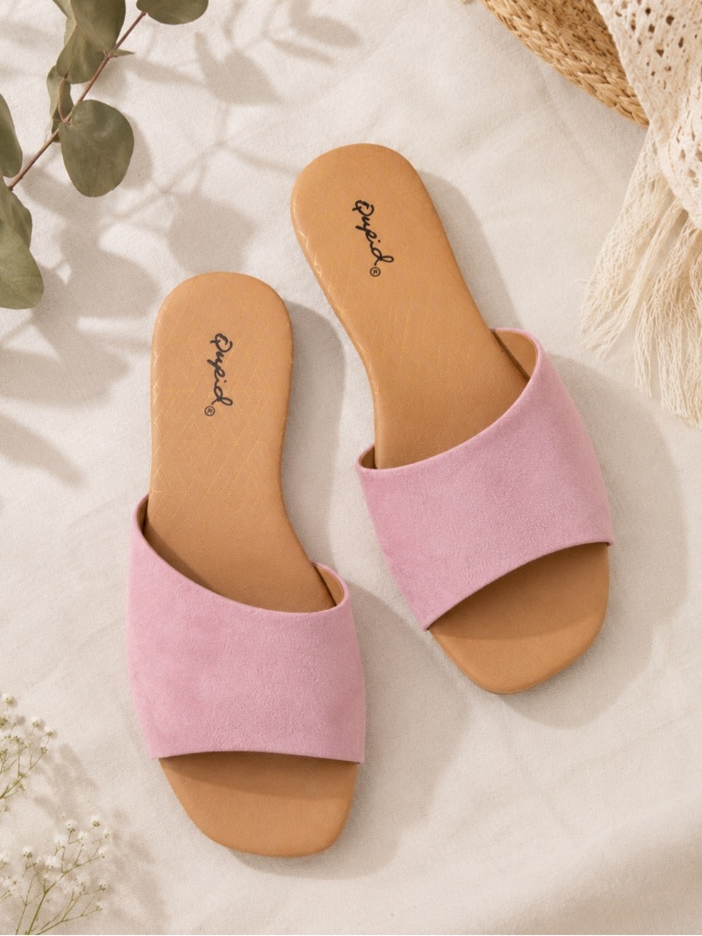 Lilac pink one band suede flat slip on sandals